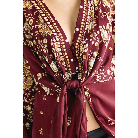 EUC Free People Run Free Burgundy Gold Paisley Floral Tie Front Blouse Size L - Picture 5 of 7